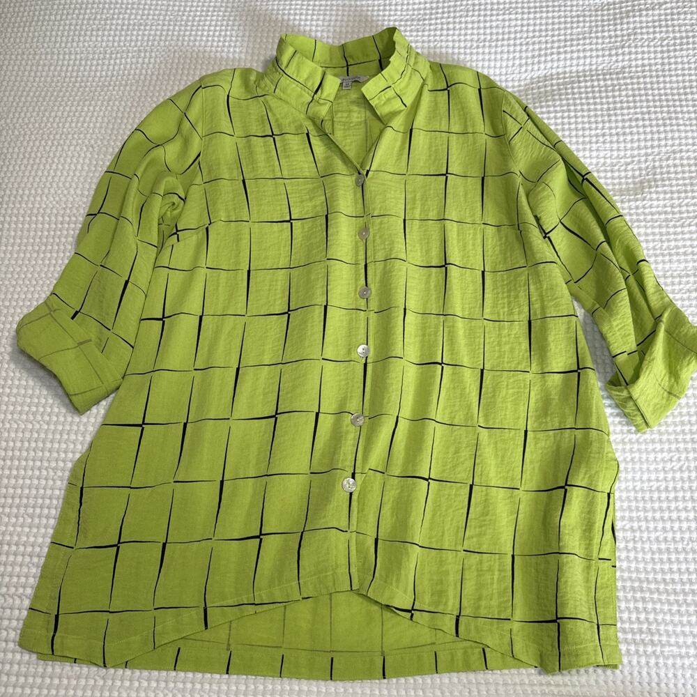 John Mark Tunic Top Womens M Lime Green Check Wire Collar Relaxed Fit Blouse EUC